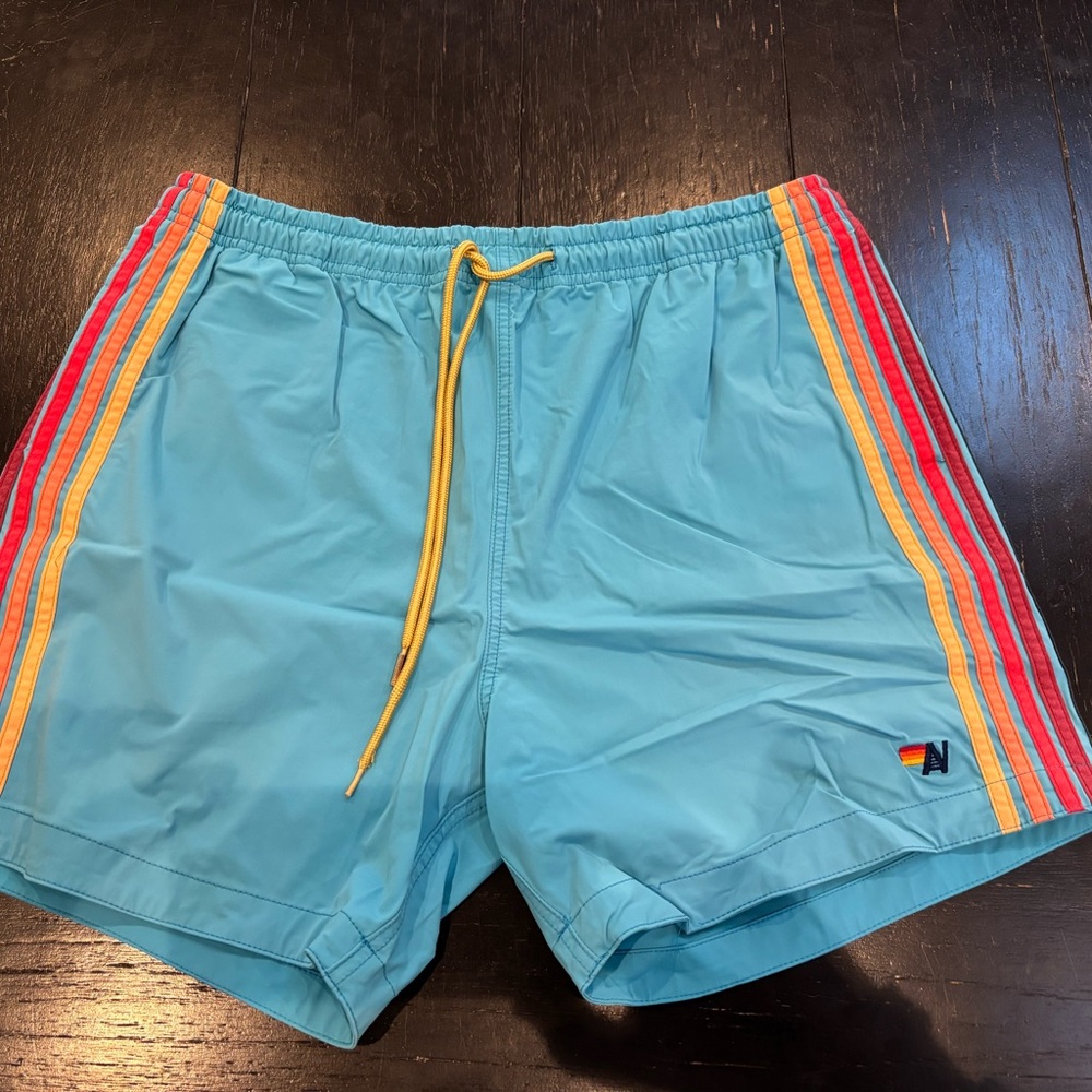 Aviator Nation Light Blue 5 Stripe Swim Shorts
